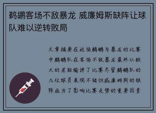 鹈鹕客场不敌暴龙 威廉姆斯缺阵让球队难以逆转败局