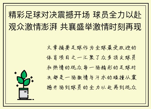 精彩足球对决震撼开场 球员全力以赴观众激情澎湃 共襄盛举激情时刻再现