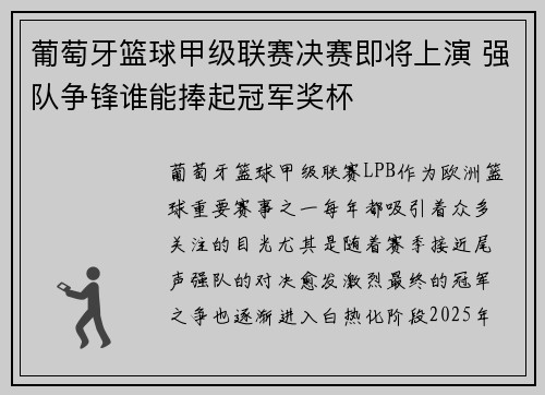葡萄牙篮球甲级联赛决赛即将上演 强队争锋谁能捧起冠军奖杯