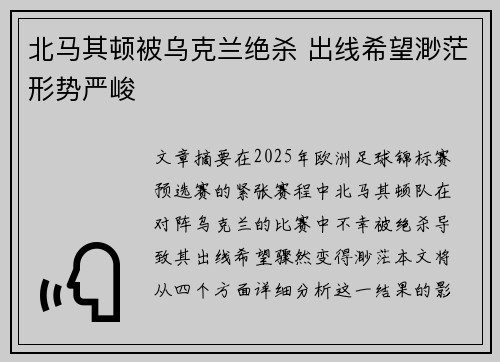 北马其顿被乌克兰绝杀 出线希望渺茫形势严峻