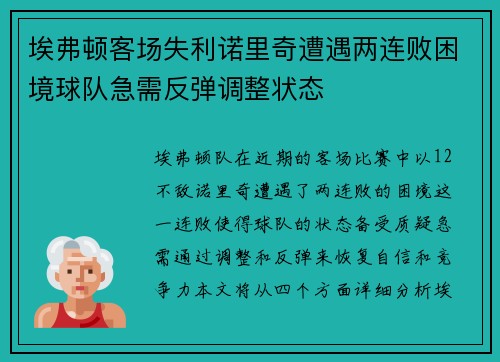 埃弗顿客场失利诺里奇遭遇两连败困境球队急需反弹调整状态
