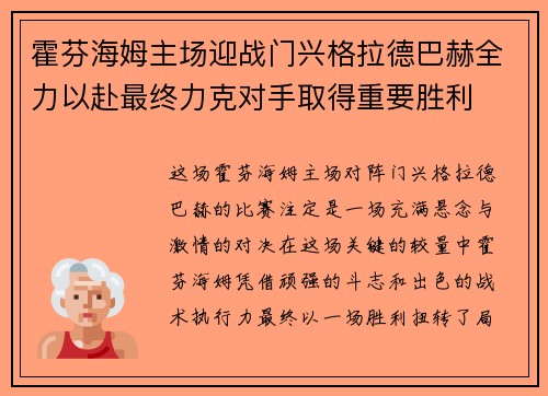 霍芬海姆主场迎战门兴格拉德巴赫全力以赴最终力克对手取得重要胜利