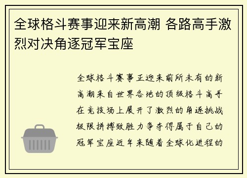 全球格斗赛事迎来新高潮 各路高手激烈对决角逐冠军宝座